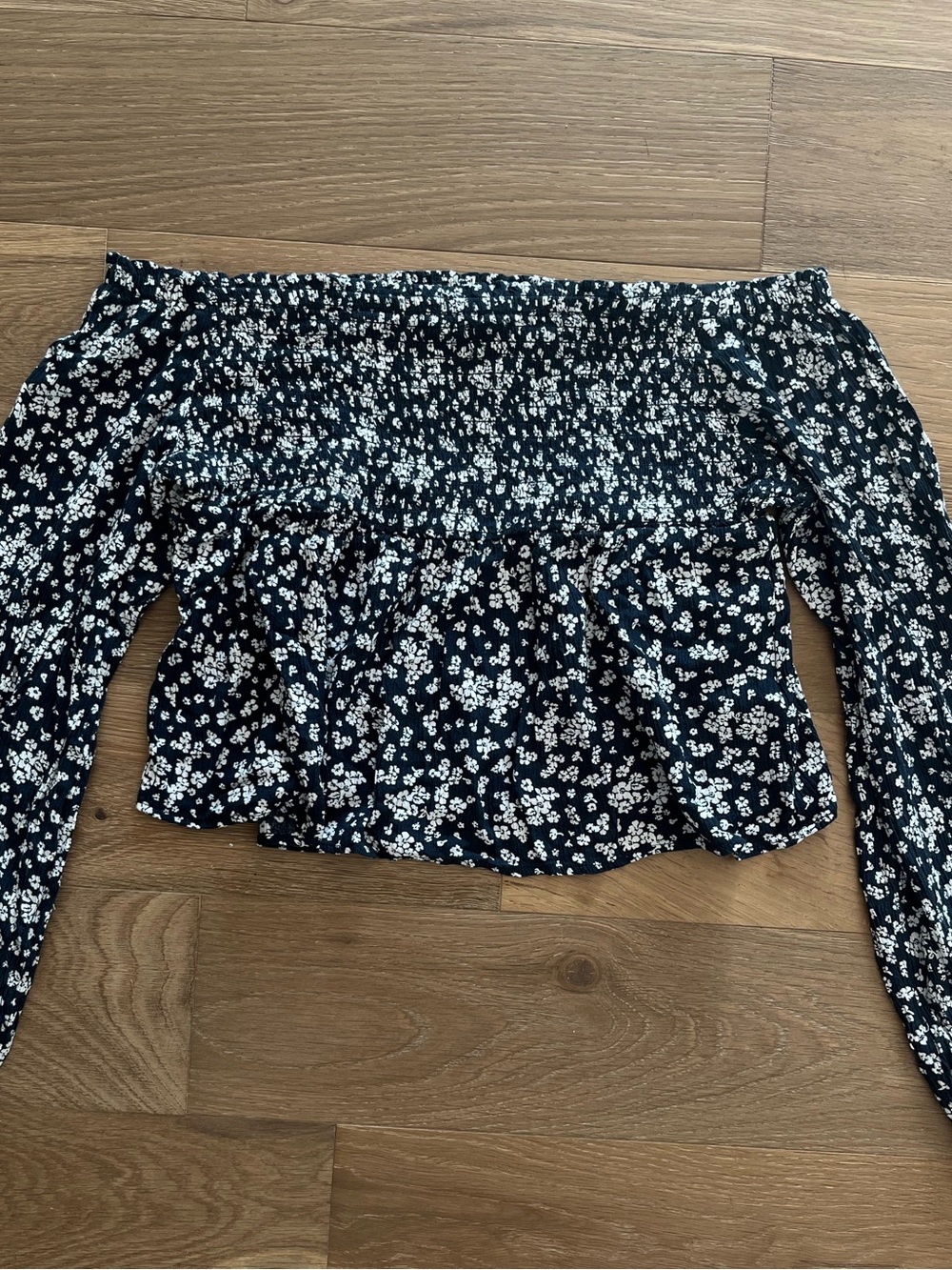 Off-Shoulder Navy Floral Smocked Peplum Top
